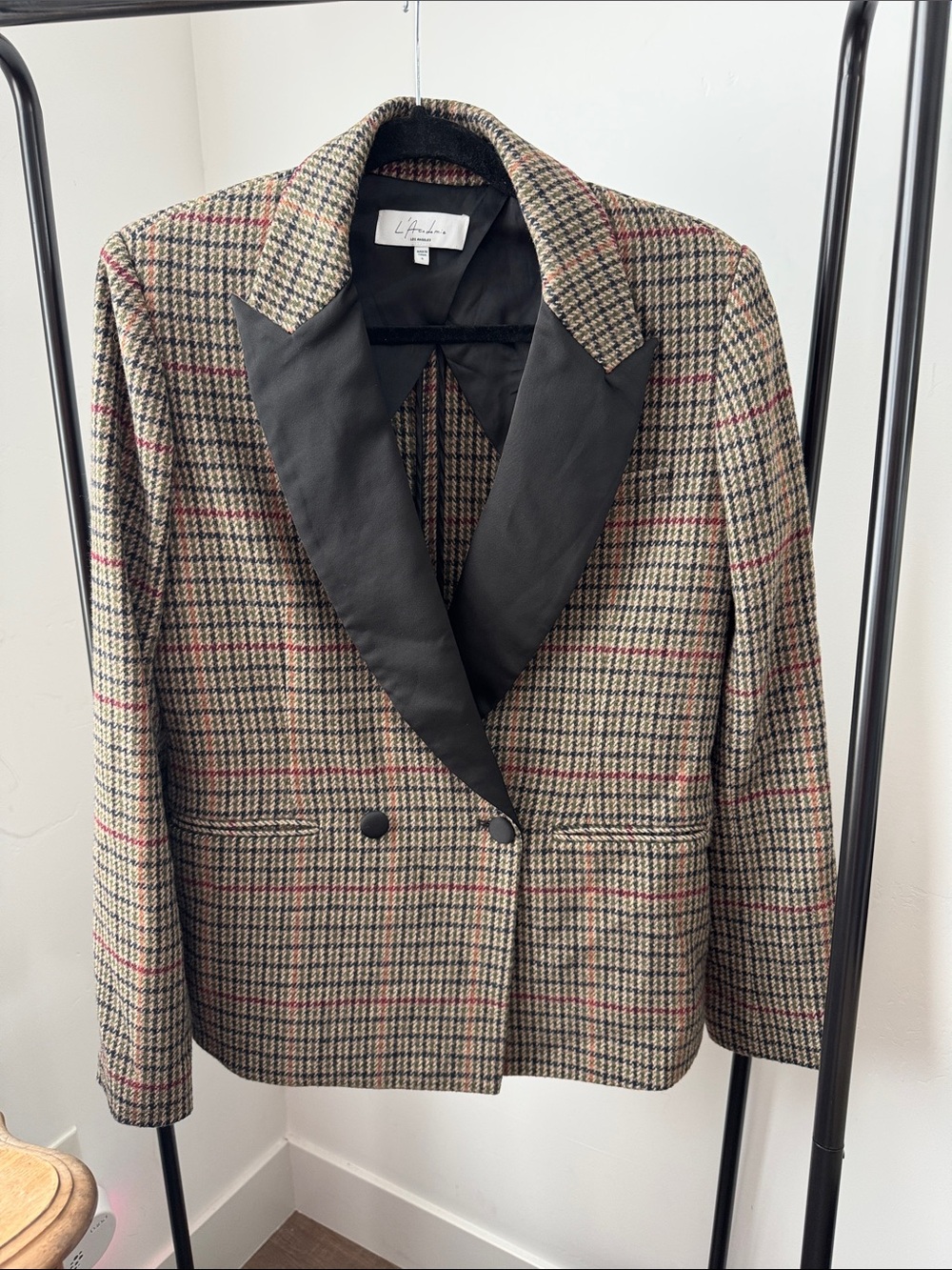 Houndstooth Blazer with Black Satin Lapel